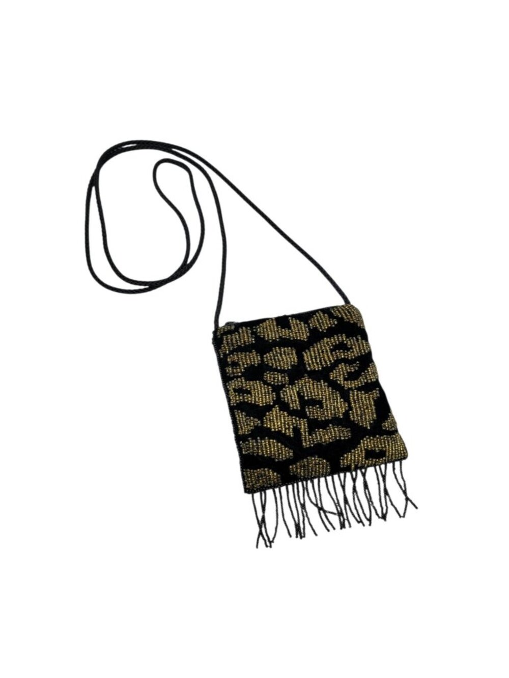 Vintage Black Velvet Silk Beaded Boho Crossbody Bag 4.5”x 5.5” Leopard Gold